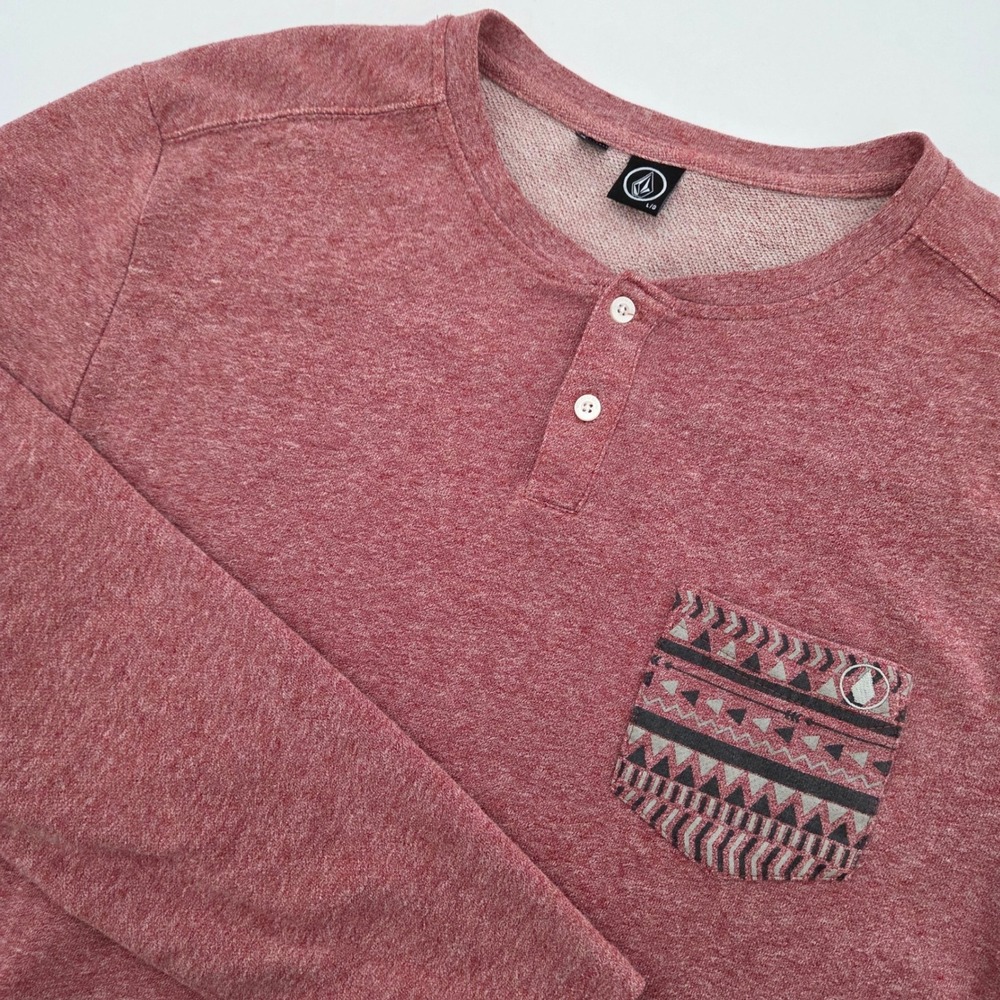 Volcom Long Sleeve Henley Pocket Shirt Men's Large Red Heathered Geometric Print